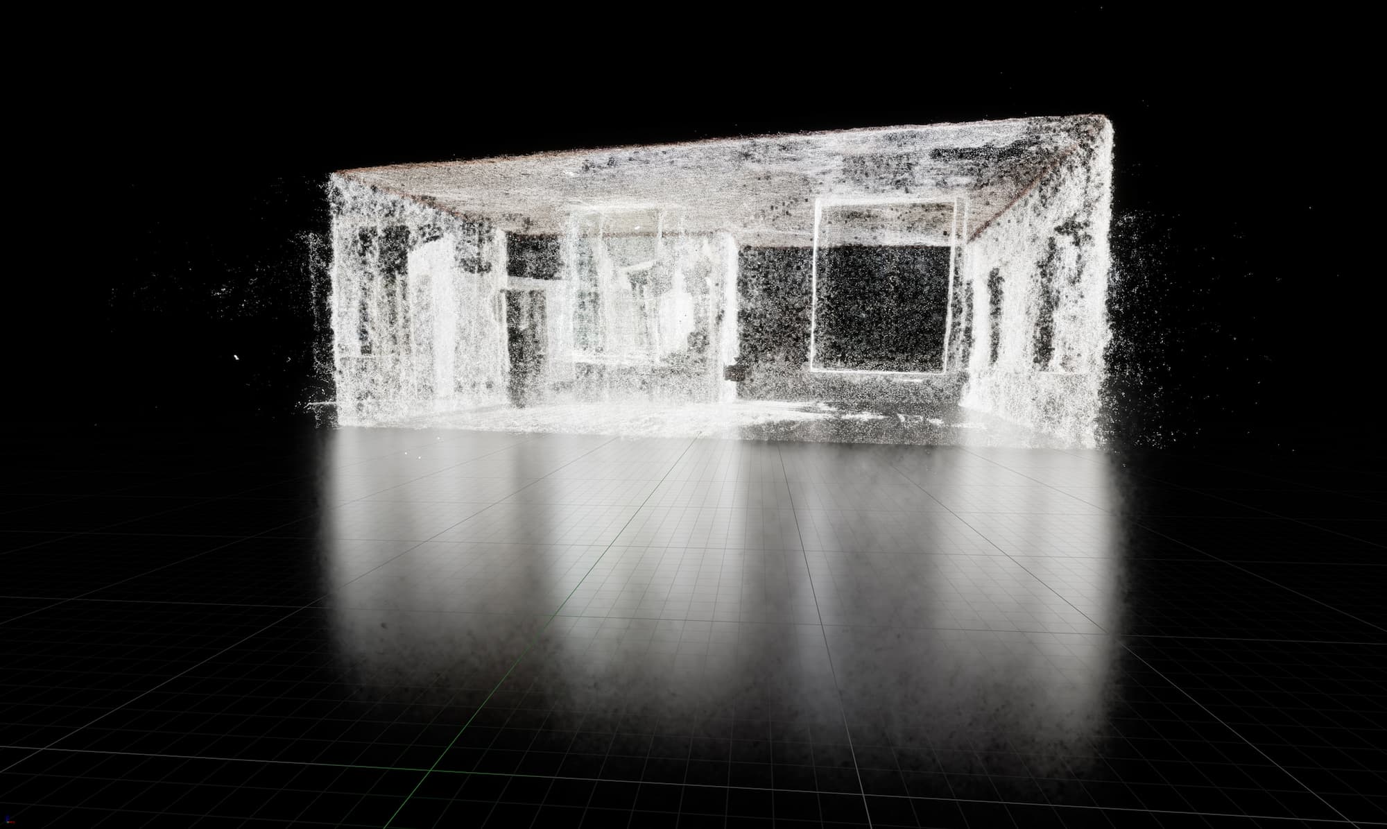 Na črnem ozadju se pojavi bela, prosojna 3D točkovna mreža prostora, kot hologram. Na tleh pod njo se odbija mehka svetloba, kot v virtualnem načrtu. Slika ima tehnološki, digitalni videz.