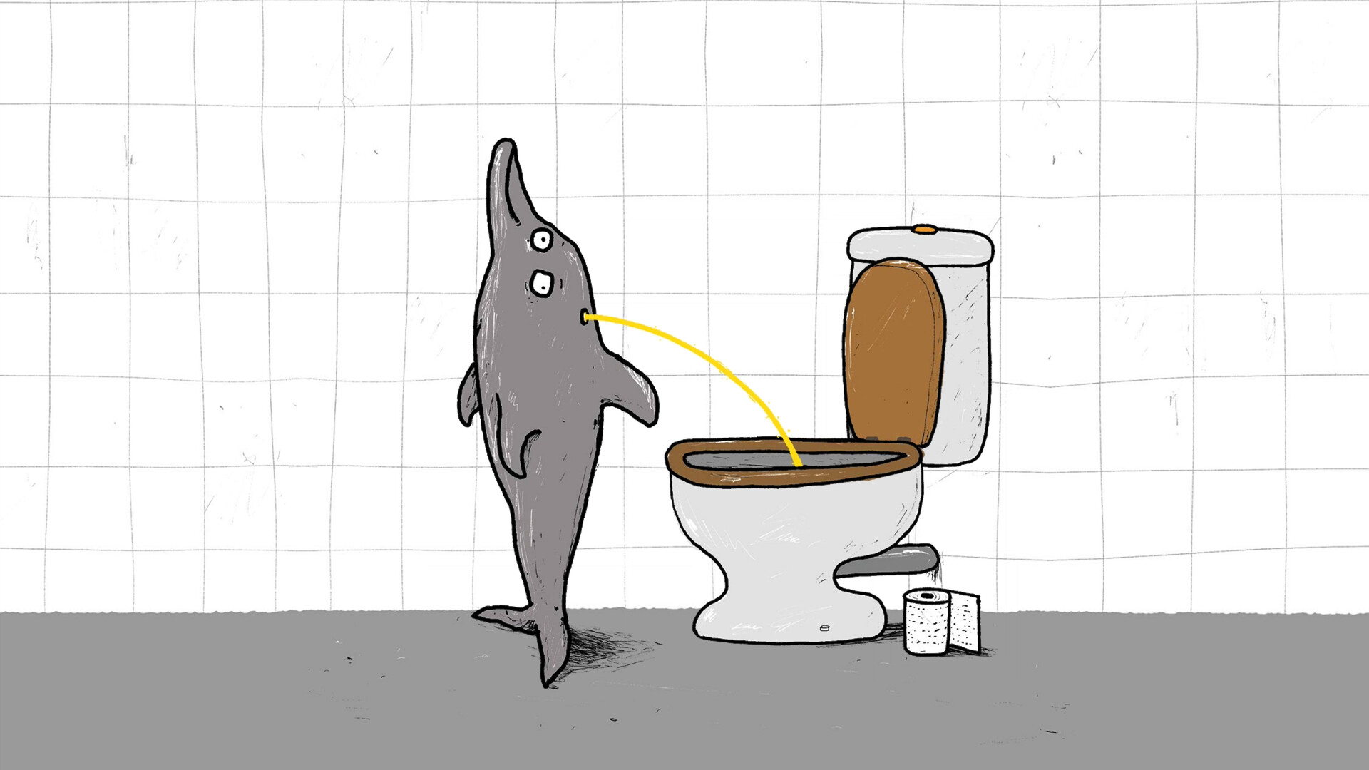 Prizor iz animiranega filma. Delfin urinira v toaletno školjko.